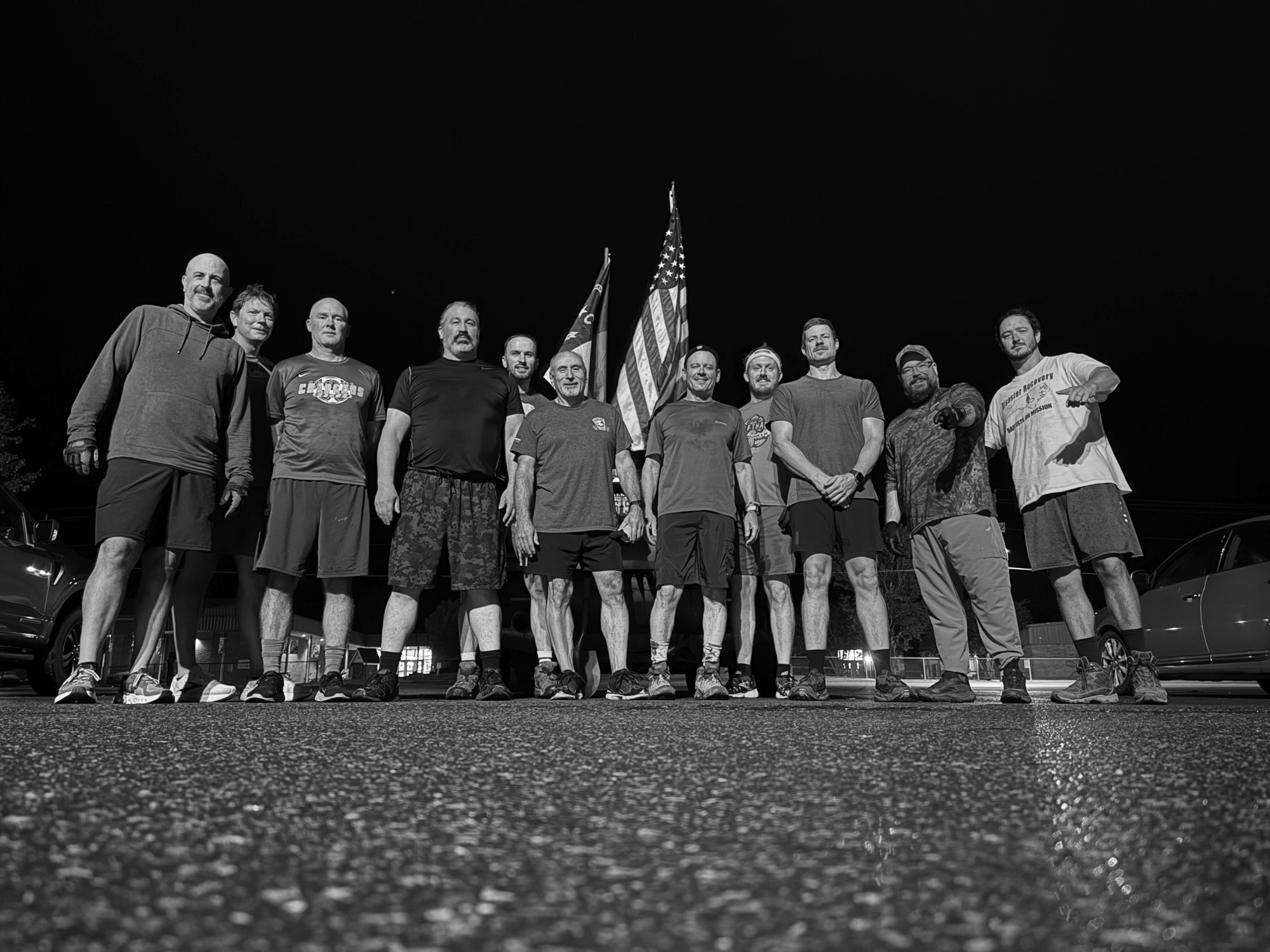 F3 men exercising outdoors before dawn
